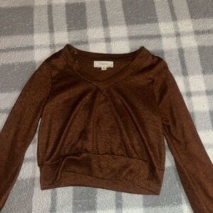 Brown V Neck Long Sleeve Top